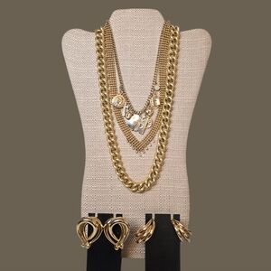 Vintage Gold Tone Bundle - 3 Necklaces & 2 Pierced Earrings